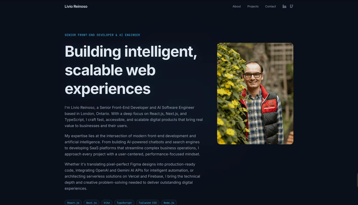 Livio Reinoso portfolio website with dark theme and modern design